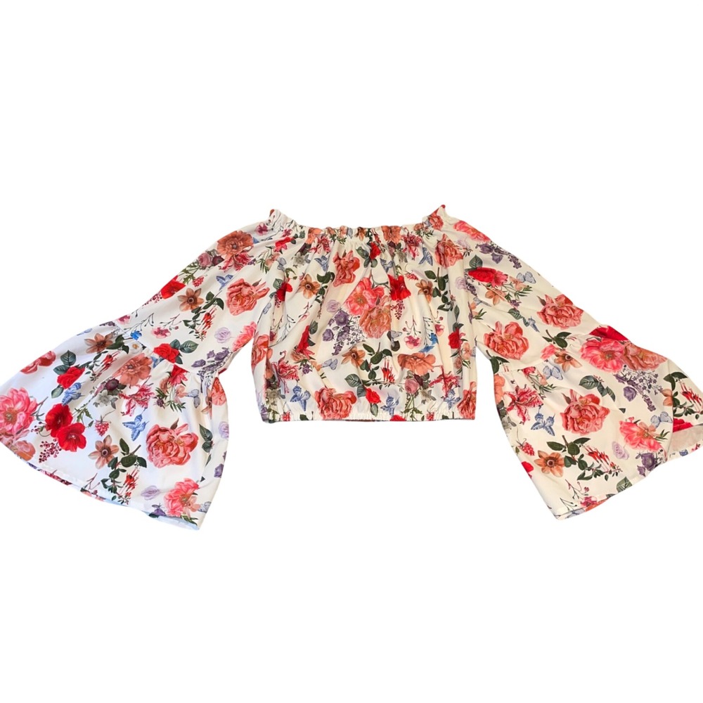 Floral Off Shoulder Crop Top Bell Sleeve Boho Cottagecore Peasant BlouseSmall - Picture 3 of 7